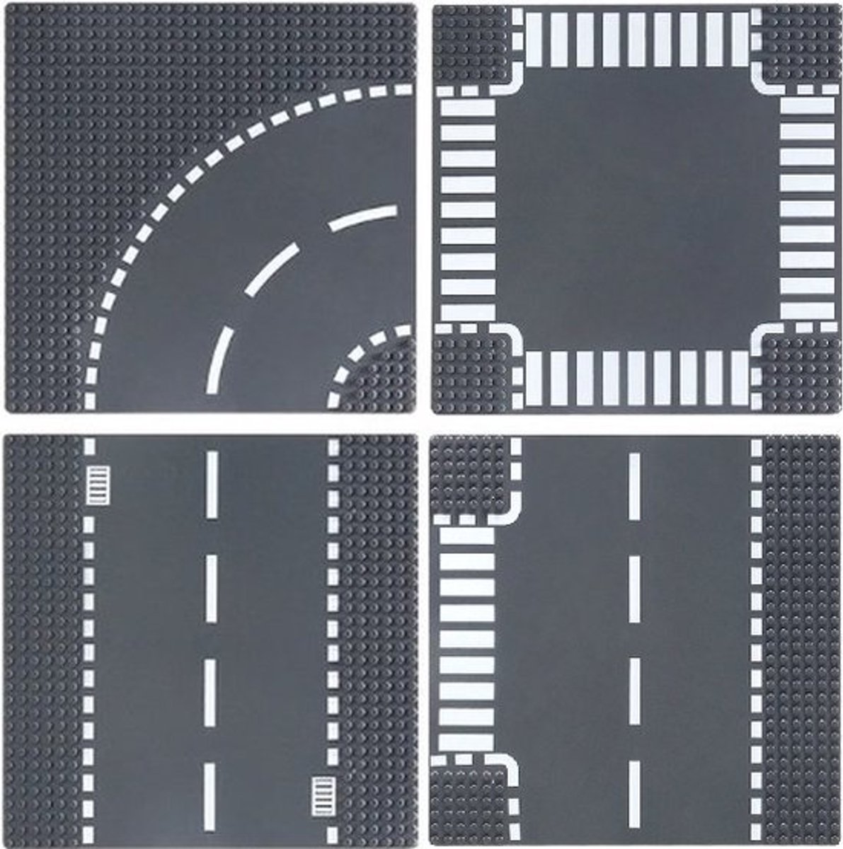 City wegenplaten set 4 st van bricksNblocks®: recht - bocht - Tsplitsing - kruising | combineer met platen blokjes fabrikanten | grondplaten 32x32 noppen | afmeting 25, 5 m x 25,5cm | ook te combineren met LEGO wegenplaten